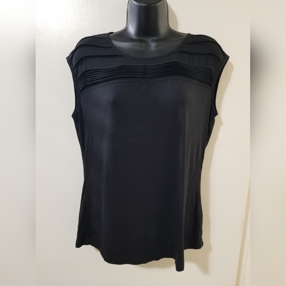 Black Pintuck Pleated Sleeveless Blouse Top Large